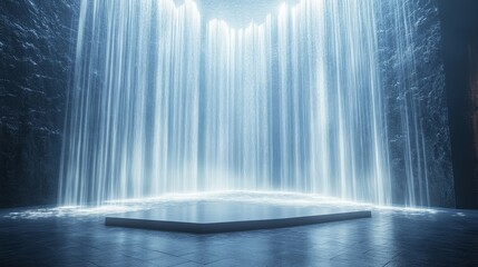 Stage with a cascade of light beams, vertical and diagonal, white and blue tones, sharp contrasts, realistic
