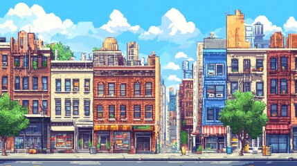Obraz premium Pixelated retro city in 8-bit style, showcasing colorful buildings, streets, and vibrant skies, creating a nostalgic urban atmosphere.