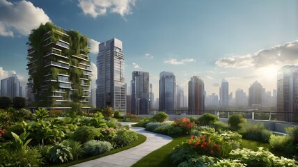 Fototapeta premium view of multi-storey buildings, showing trees, gardens and blue sky. generative ai