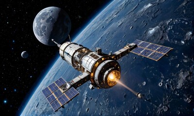 Advanced Space Station Orbiting the Moon In Galaxy