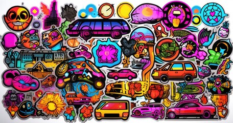 Obraz premium A vibrant collage of stickers featuring various playful and colorful designs, including cars, flowers, and abstract shapes.