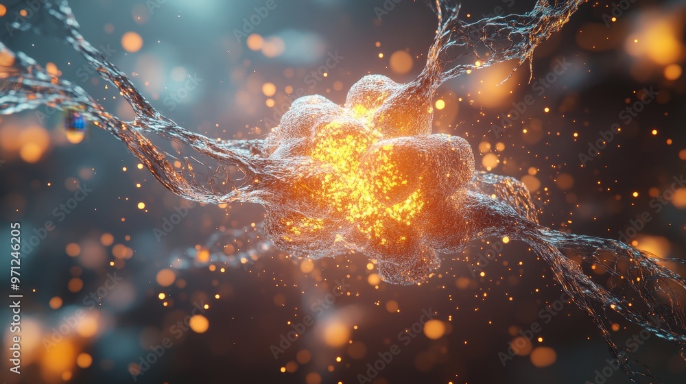 Poster intricate 3d rendering of neuronal synapse with labeled components and neurotransmitter release in f