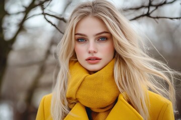 Naklejka premium Fashion portrait of beautiful blonde woman in yellow coat and scarf. Beauty winter fashion. Advertisement concept with generative ai