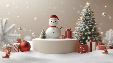 Obraz premium Snow-covered podium with a reindeer sleigh, Christmas tree, and gifts, featuring a snowman and a transparent bauble on a beige background, Cartoon 3D animation.