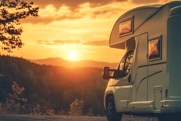 Camper van parked on a mountain road enjoys a breathtaking sunset over the valley, with warm glow illuminating the serene landscape