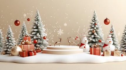 3D cartoon depiction of a Christmas banner with a snow-covered podium, reindeer sleigh, Christmas tree, gifts, snowman, and a clear bauble on beige.