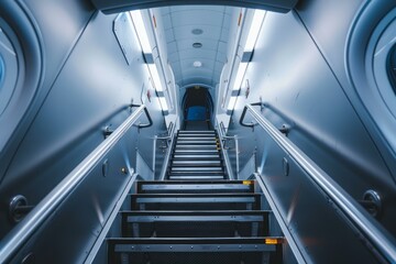 Obraz premium Steel stairway leading to upper deck of a large passenger airplane