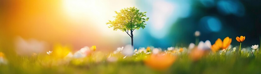 Fototapeta premium A vibrant tree stands amidst blooming flowers, exemplifying nature's beauty in a serene, sunlit environment.