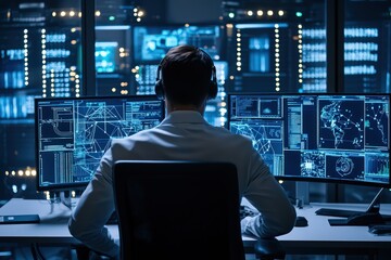 Data security professional actively monitoring cyber protection in a high-tech server room, showcasing modern network security operations.
