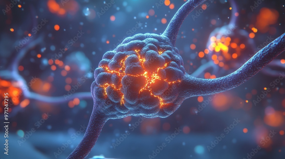 Poster intricate 3d render of neurotransmitter synapse in neuron cell with realistic textures and illuminat