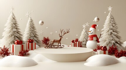 Snow-covered podium with reindeer sleigh, Christmas tree, gifts, snowman, and transparent bauble, set on a beige background, for a festive 3D cartoon banner.