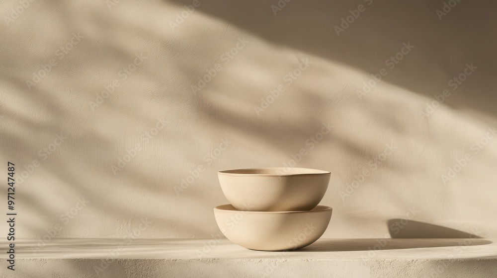 Poster two minimalist bowls stacked on a textured surface, illuminated by soft shadows.