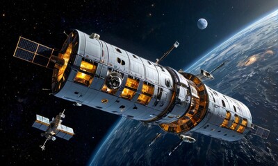 Fototapeta premium Advanced Space Station Orbiting the Moon In Galaxy