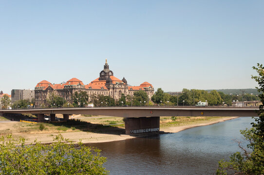View of Elbe River and Carola Bridge in Dresden, sunny summer day