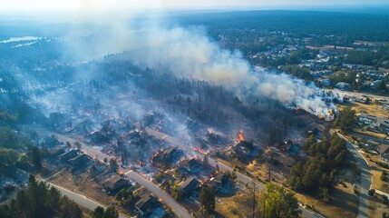 Aerial view of a devastated area affected by wildfire, showcasing smoke and destruction in a residential zone.