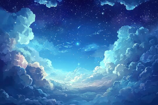 Digital artwork capturing the serene beauty of a heavenly starfall against a mesmerizing anime sky, ideal for a wallpaper.