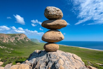 A rock balancing act, where large stones have been precariously placed atop each other in an impressive display of skill and patience