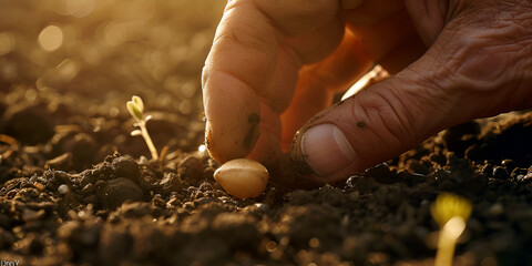 Hand Planting Seed in Soil Depicting Sustainable Agriculture, Growth, and Organic Farming Practices in Rural Environments for Eco-Friendly and Nature Conservation Concepts