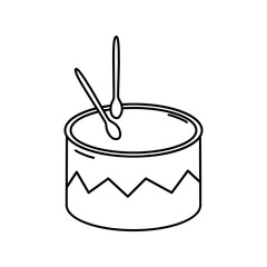 Drum doodle hand drawn vector illustration isolated on white background. Linear Musical Instrument for Rhythm, Drummer Sticks. Design Element for Card, Coloring book, Logo, Sound theme concept