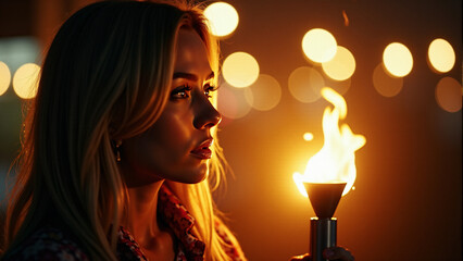 Woman Holding a Flame Torch at Night