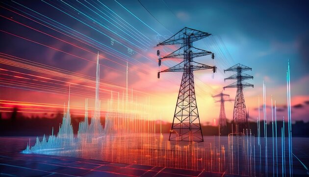 A market graph showing the expansion of energy companies represented by electric pylons in the background.