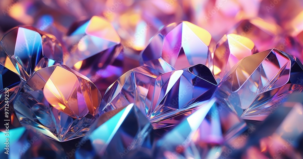 Poster a vibrant collection of sparkling crystals reflecting light in various colors, creating a mesmerizin