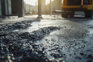 Close-up of wet concrete surface showing tire tracks and textures illuminated by soft sunlight.