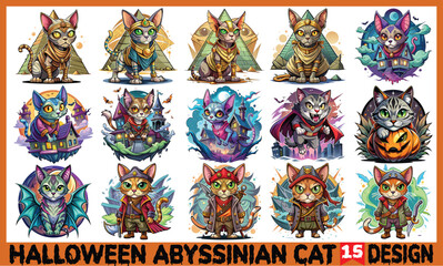 Obraz premium Halloween Abyssinian Cat SVG Design - Hand-drawn lettering phrase with calligraphy typography element, isolated on white. Ideal for t-shirts, spooky designs, and Halloween decor