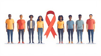Obraz premium Diverse people and a red ribbon on a World AIDS Day banner, vector flat style with space for text.