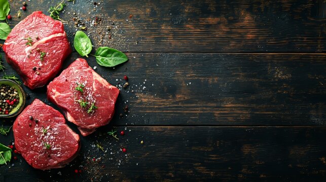 Beef cuts with herbs on dark wood.