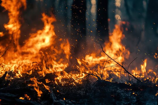 Dramatic forest fire showcasing flames, smoke, and embers in a dense woodland, illustrating the power of nature's elements. - Powered by Adobe