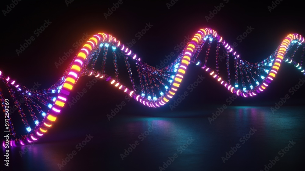 Poster neon illuminated dna double helix in 3d rendering with vibrant glowing colors on dark background