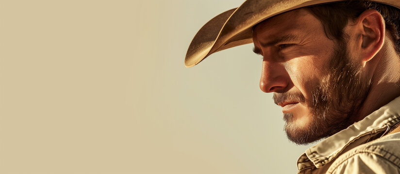 Handsome cowboy on beige background banner