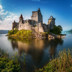 Fototapeta premium The ruins of a medieval castle on an island in the lake