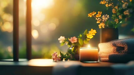 Peaceful spa setting with candles, flowers, and soft towels, perfect for relaxation and wellness imagery.