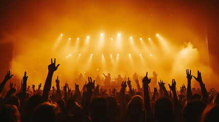silhouette picture of music fans in music festival , orange light .