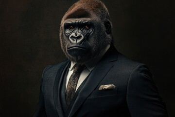 Gorilla like a human in suit. Portrait of a strong gorilla in a suit on a dark background with generative ai