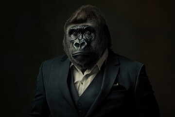 Fototapeta premium Gorilla like a human in suit. Portrait of a strong gorilla in a suit on a dark background with generative ai
