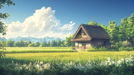 Obraz premium Idyllic Farmhouse in a Meadow of Wildflowers with Mountain View - Pastoral Bliss