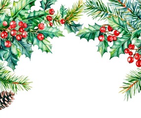 Naklejka premium A festive arrangement of holly leaves, berries, and pinecones for a cheerful holiday vibe, perfect for seasonal celebrations.