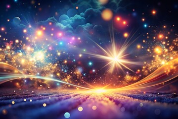 Obraz premium Magical neon background with colorful bokeh lights and sparkling particles in a starry sky, creating a dreamy, fantasy-like atmosphere. Perfect for themes related to magic, wonder, and fantasy.