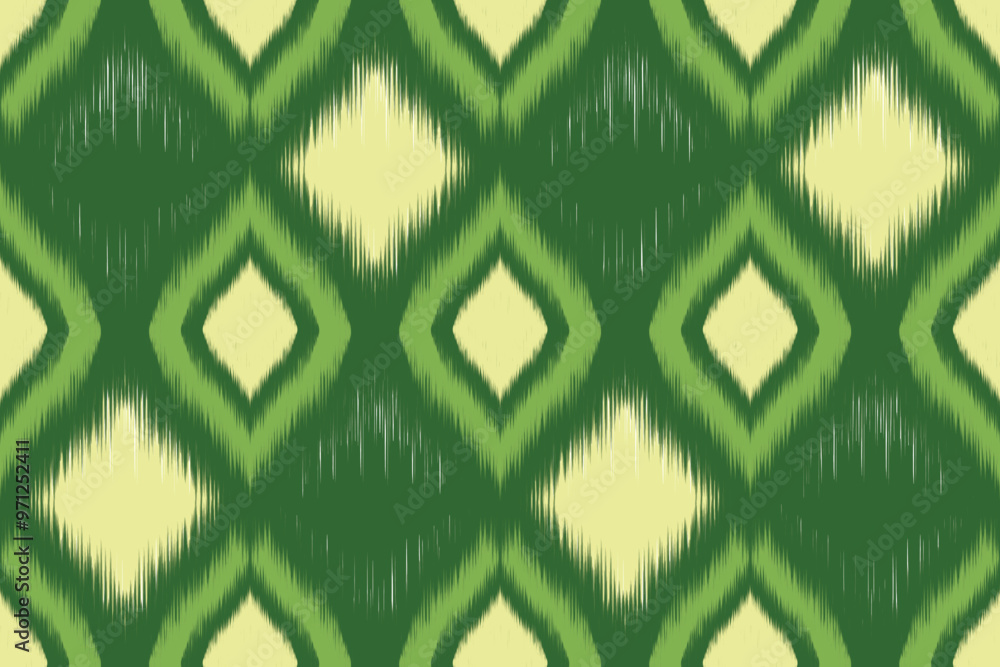 Wall mural ethnic ikat tropical seamless pattern green tone. abstract traditional folk antique graphic fabric l