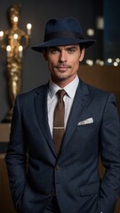 Young Caucasian man with short dark hair wearing navy blue suit, white shirt, and red tie standing in front of blurred background