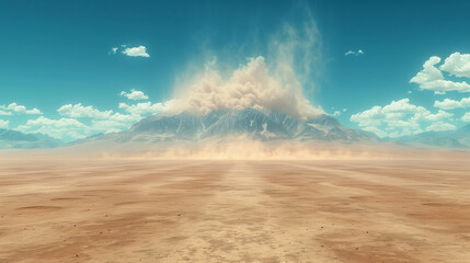 Dust Storm Over Desert Mountains Under Clear Blue Sky