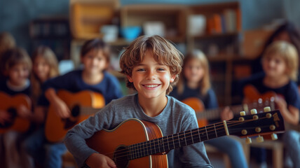 Young Musician's Joy. A smiling young boy holds his acoustic guitar, radiating happiness and passion for music.