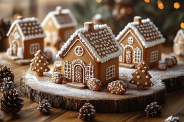 Christmas gingerbread houses on wooden table with bokeh background.. Pastries in the form of houses. Festive scene with holiday pastries. Christmas and New Year background.
