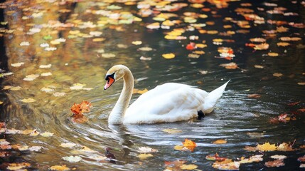 Fototapeta premium White Swan Swimming in a Lake with Fallen Autumn Leaves