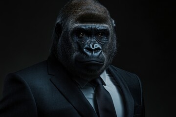 Fototapeta premium Gorilla like a human in suit. Portrait of a strong gorilla in a suit on a dark background with generative ai
