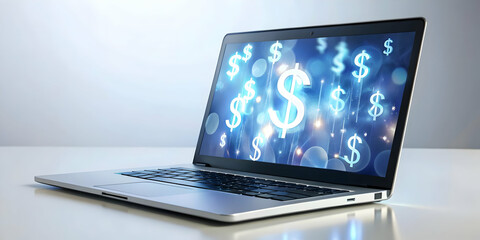Modern Laptop with Holographic Dollar Signs: Profits and Savings Concept on Glossy Surface - Ideal for Business and Financial Photo Stock