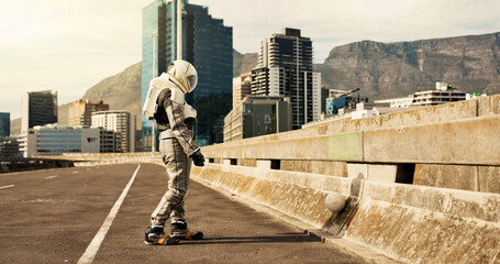 Person, astronaut or travel to city in street for science, football or play sport with soccer ball. Space suit, road or cosmonaut on journey outdoor for sci fi, adventure or future discovery on Earth © HockleyM3/peopleimages.com